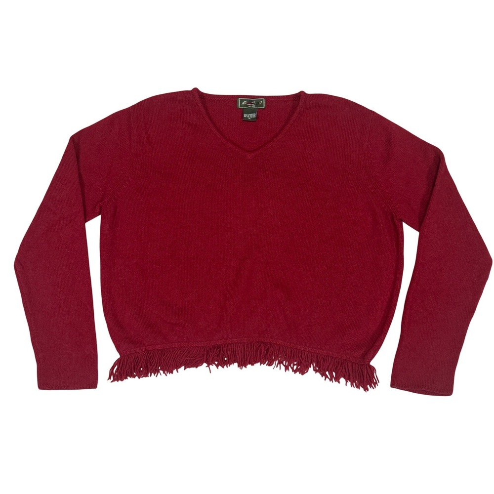 Vintage Eddie Bauer Deep Red 100% Lambswool V-Neck Fringe Hem Sweater XL